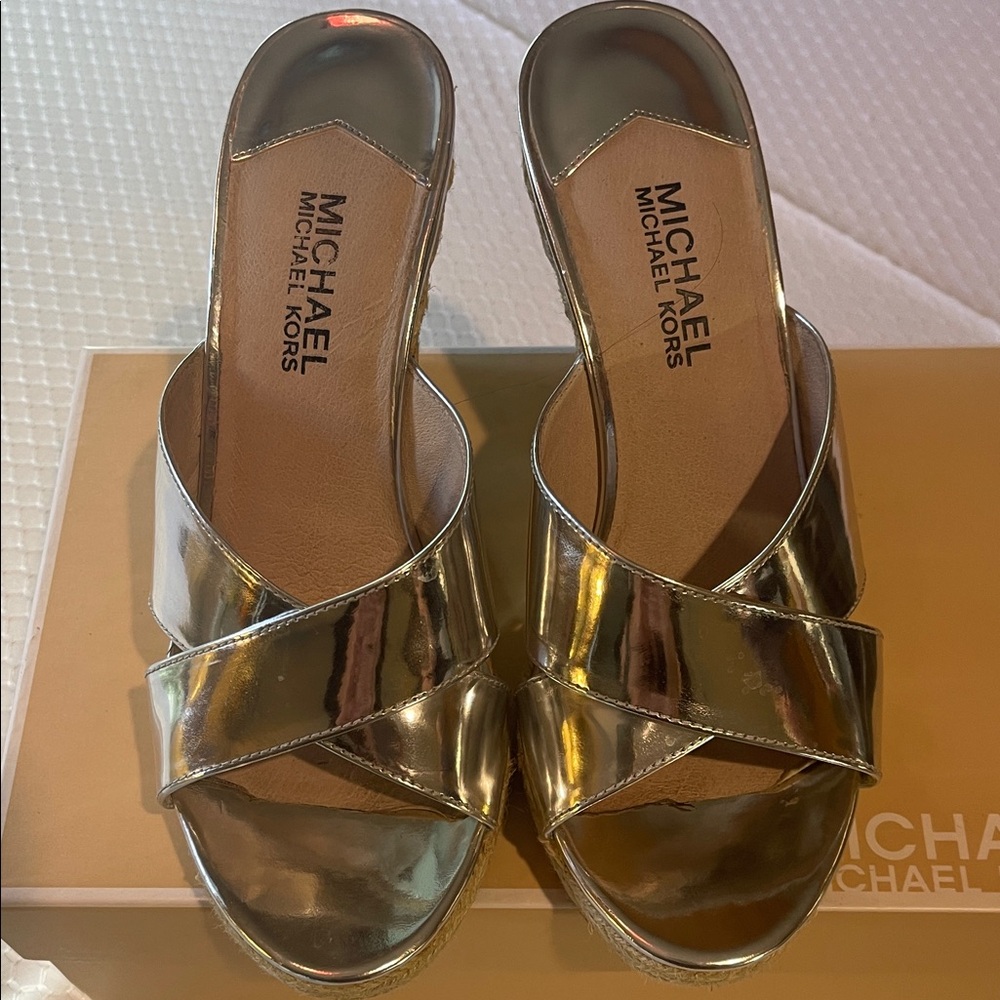 Michael Kors Shiny Silver Wedge Sandals - Picture 10 of 11